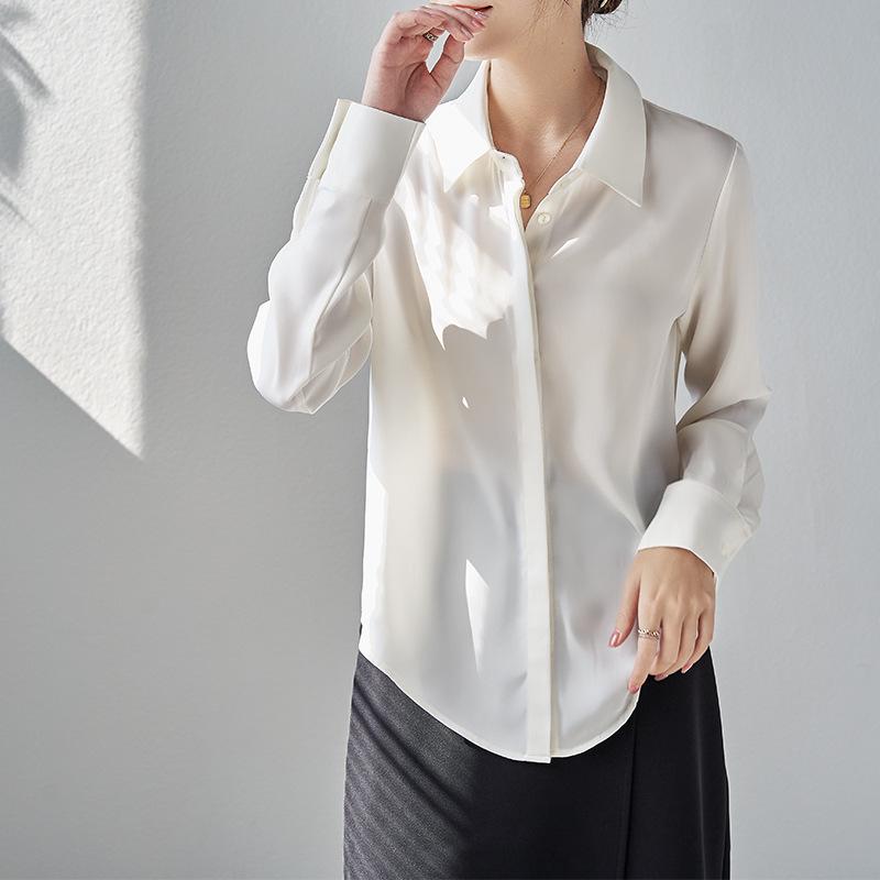 Women's Long Sleeve White Satin Shirt - Spring/Autumn 2026, High-Grade Acetate, Anti-Wrinkle, Perfect for Office Wear