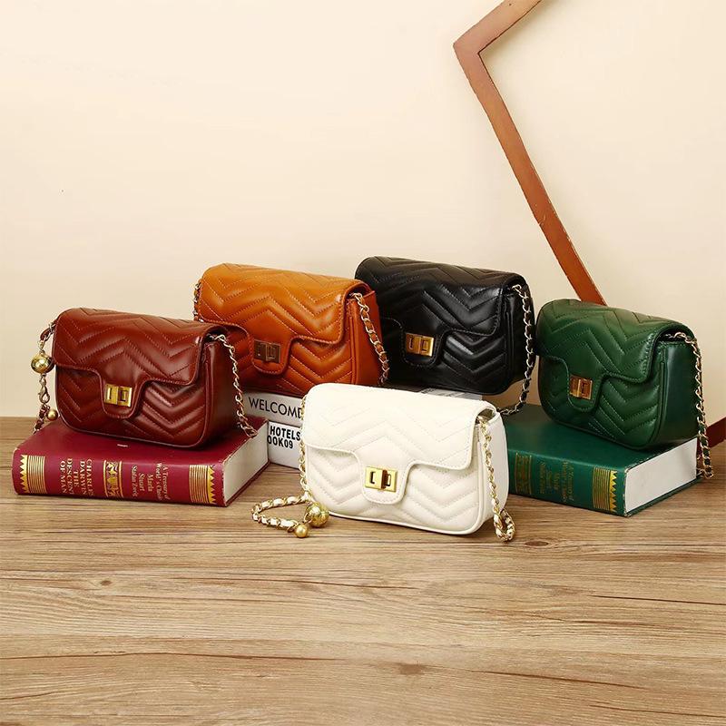 Genuine Leather Women's Bag 2025 New High-End Fashion Small Gold Ball Quilted Chain Top Layer Cowhide Single Shoulder Crossbody