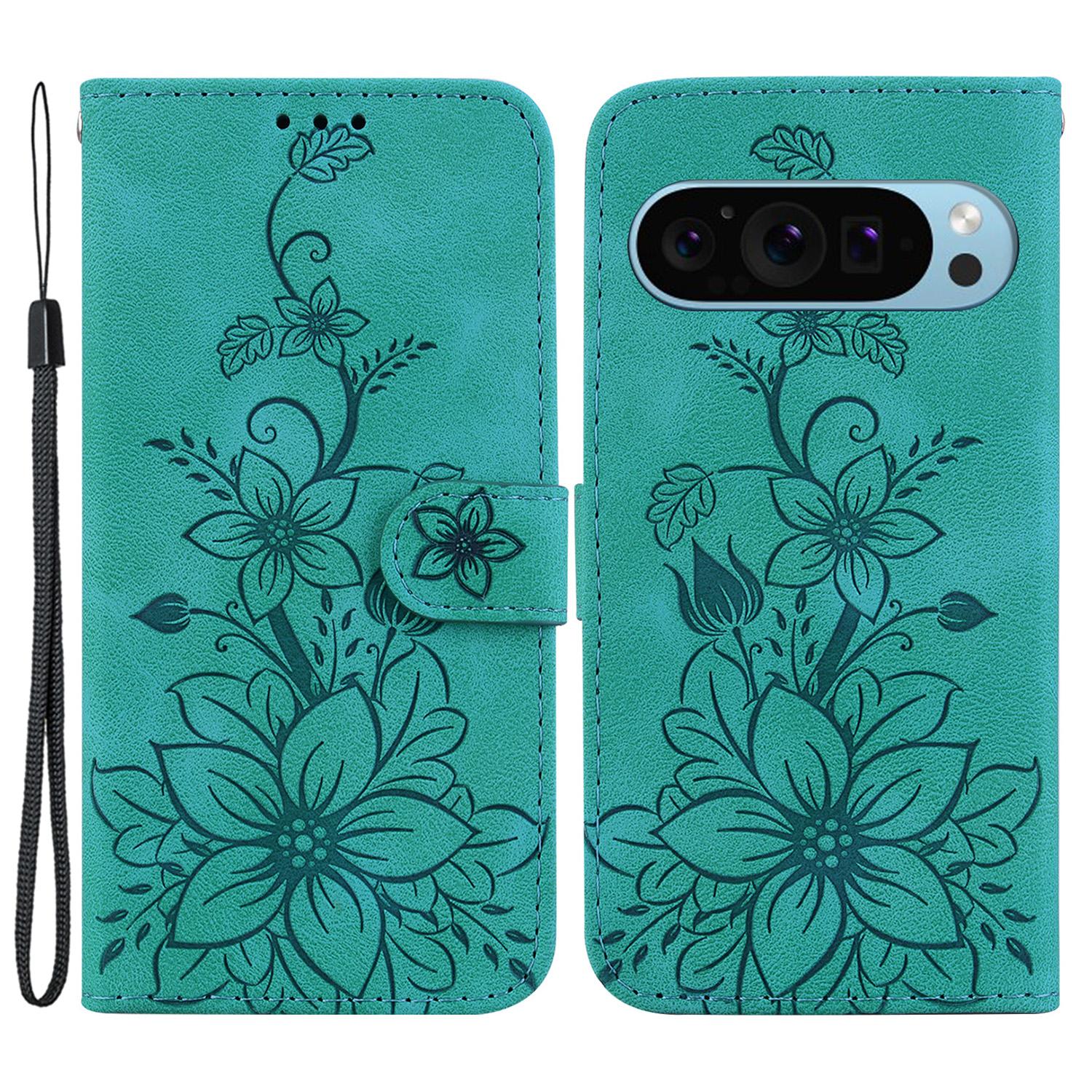 

For Google Pixel 9 Pro XL Cell Phone Case Leather Wallet Lily Flower Imprint Anti-Drop Cover Green
