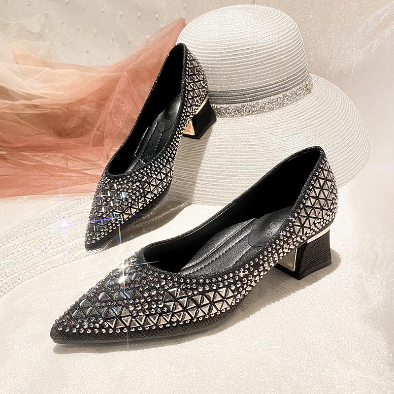 Coarse Heel Single Shoes Women's Summer 2025 New Shallow Mouth Rhinestone Temperament Versatile Soft Surface Comfortable Pointed Women's Shoes