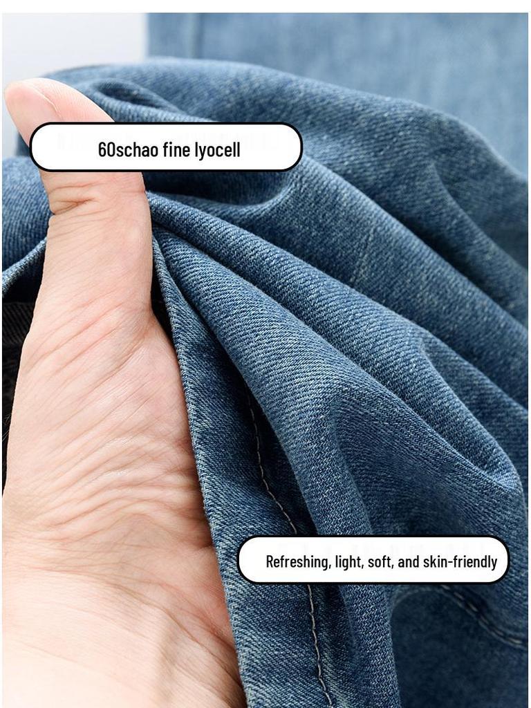 Damen Sommer Tencel Jeans - Schlankmachende Hohe Taille, Gerades Bein, Retro Lockerer Schnitt, Kühle Eisseide, Fließende Weitbein Hose.