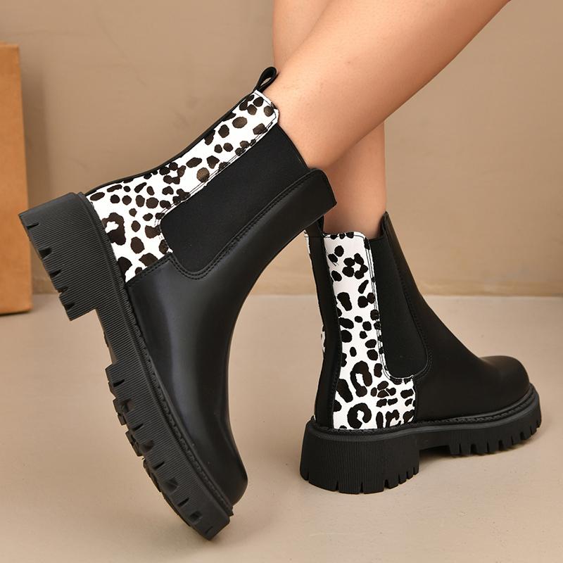 Fashion Fashion Leopard Print Platform Chelsea Boots Women Slip On Plus Size Thick Sole Ankle Boots Woman Pu Leather Short Booties Mujer