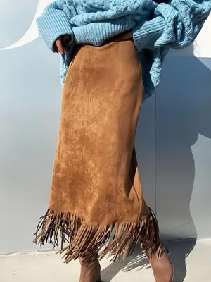 Fustă de Damă 2025 Toamnă/Iarnă din Piele Velur cu Franjuri - Elegantă, Confortabilă, Croială Dreaptă Slim-Fit
