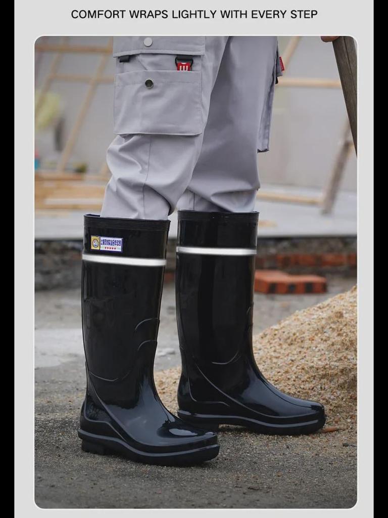 Men's Reflective High-Top Waterproof Non-Slip Rain Boots - Fashionable, Thickened Night Rubber Shoes