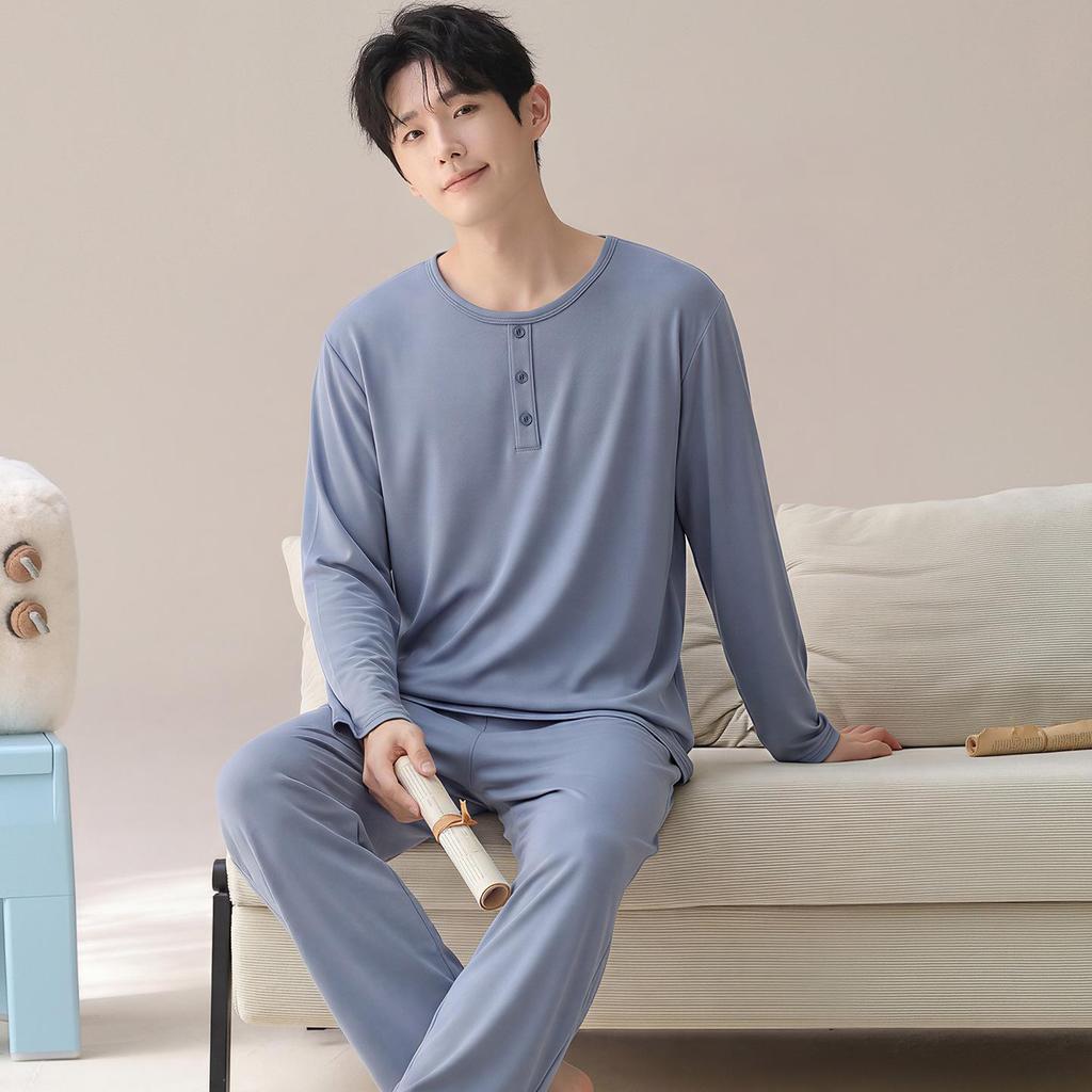 2026 Spring Men's Pure Cotton Casual Pajamas - Solid Color, Round Neck, Indoor/Outdoor Wear