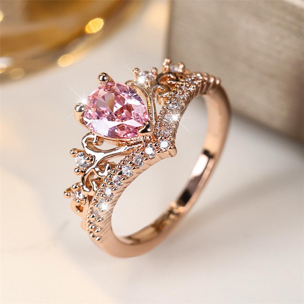 Luxury Female Pink Water Drop Zircon Stone Ring Dainty Rose Gold Wedding Jewelry For Women