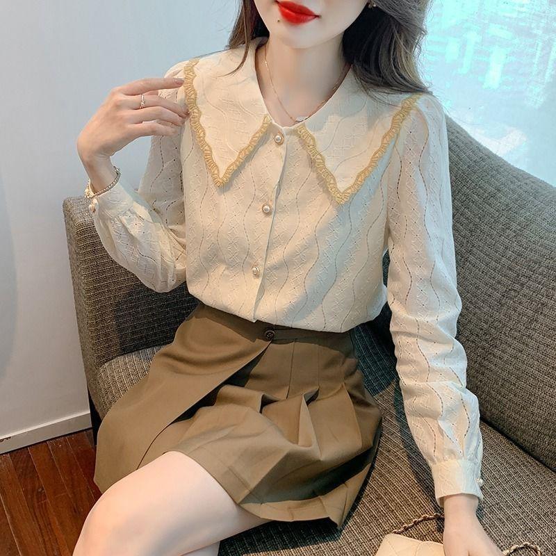 2025 Spring & Fall Women's Peter Pan Collar Chiffon Blouse - New Fashion Lace Shirt