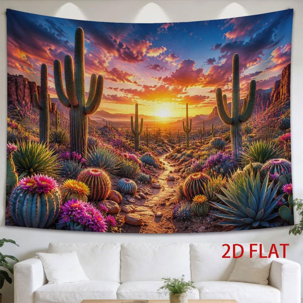 2D Flat, 1pc 2D Flat Tapestry Desert Cactus Sunset Landscape Tapestry, Vibrant Colors, Winding Path Through Blooming Flora Under Dramatic Sky, Evocati