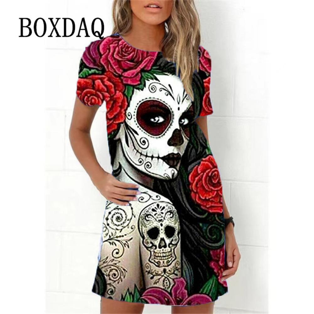 Mode Totenkopf 3D-Druck Damenkleid Lustiges Horror-Muster Lässiges A-Linien-Kleid Sommer 2026 Neu Kurzarm O-Ausschnitt Damen Sommerkleid