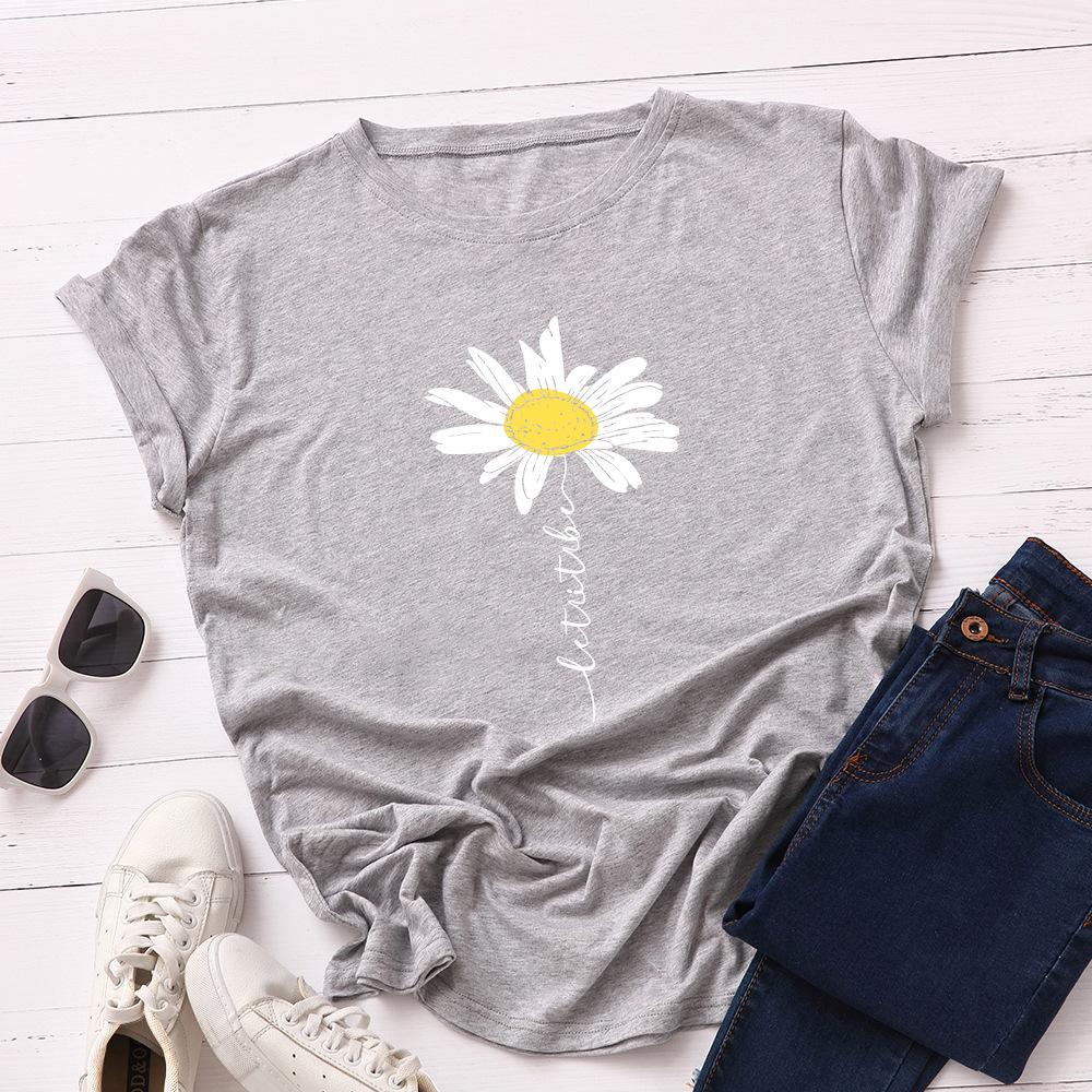 

Women s Loose Round Neck Short Sleeved T-shirt Women s Creative Flower Daisy Shirt 6xl светло-серый