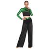 S-XXL Women Two-Piece Lyrical Dance Outfit Mock Neck Long Sleeve Cutout Back Sequins Rhinestones Crop Top with Side Split Sheer Chiffon Pants