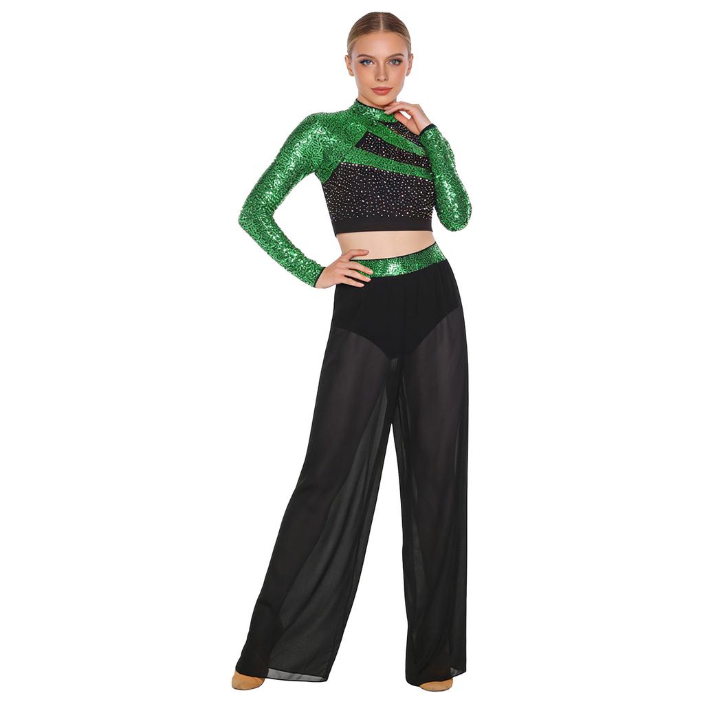 S-XXL Women Two-Piece Lyrical Dance Outfit Mock Neck Long Sleeve Cutout Back Sequins Rhinestones Crop Top with Side Split Sheer Chiffon Pants