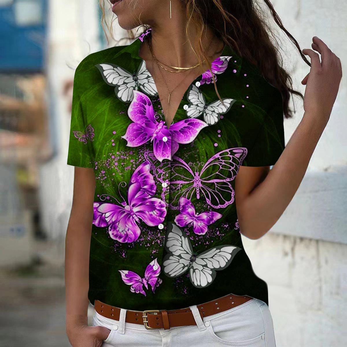 

2025 Summer New Fashion Women s Butterfly Printed Short Sleeve V-neck Casual Button-down Shirt Top XS фіолетовий