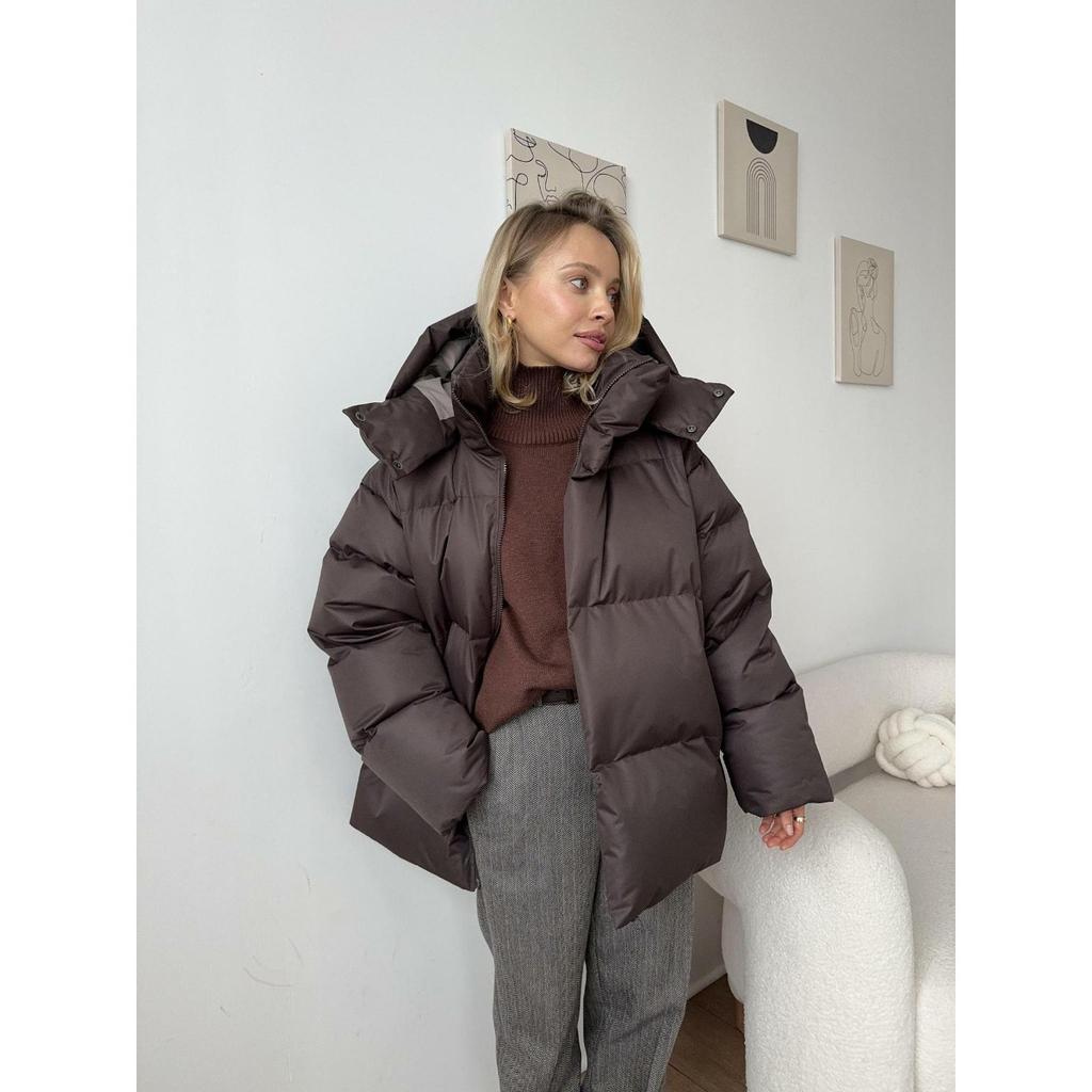 Women's Stand Collar Long Sleeve Detachable Hood Puffer Jacket Loose Fit Streetwear Winter Cotton Coat