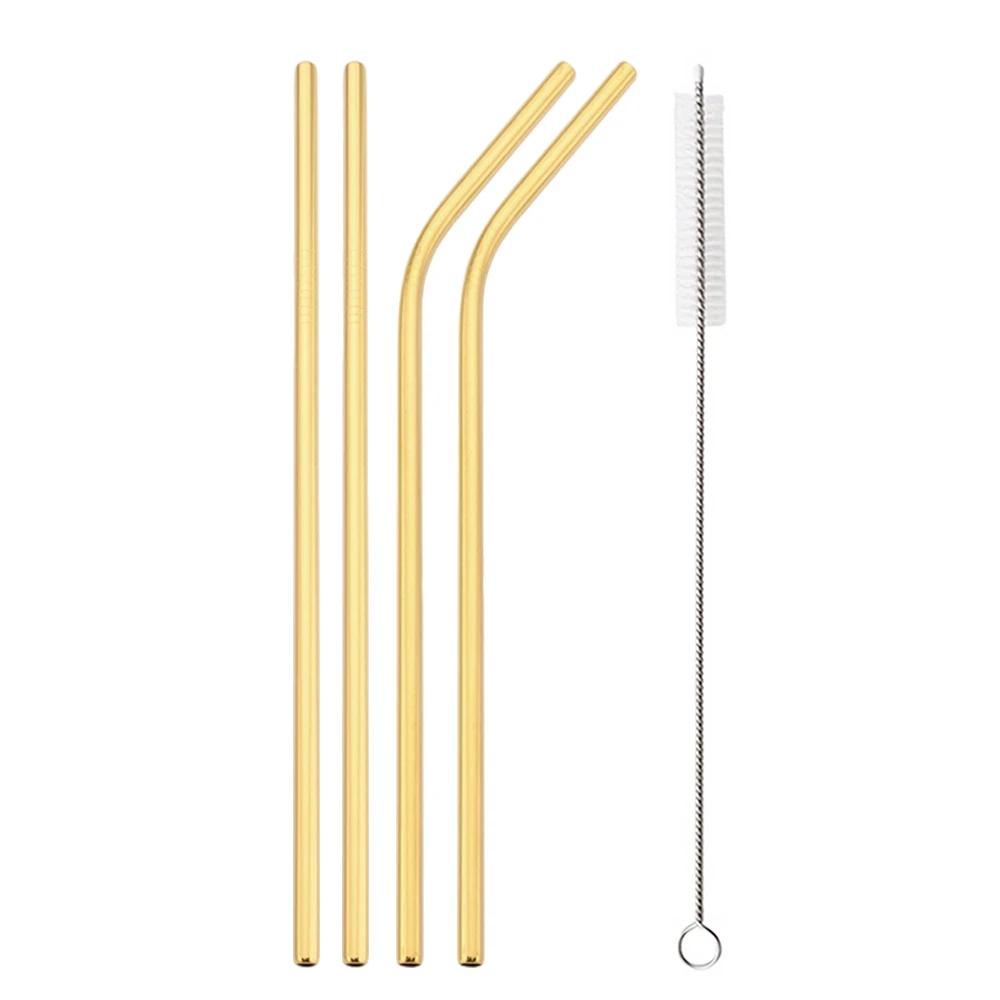Gold Stainless Steel Straw Set Gold Reusable Straw Straight Bent Drinking Straw With Bag Cleaning Brush Home Bar Accessory