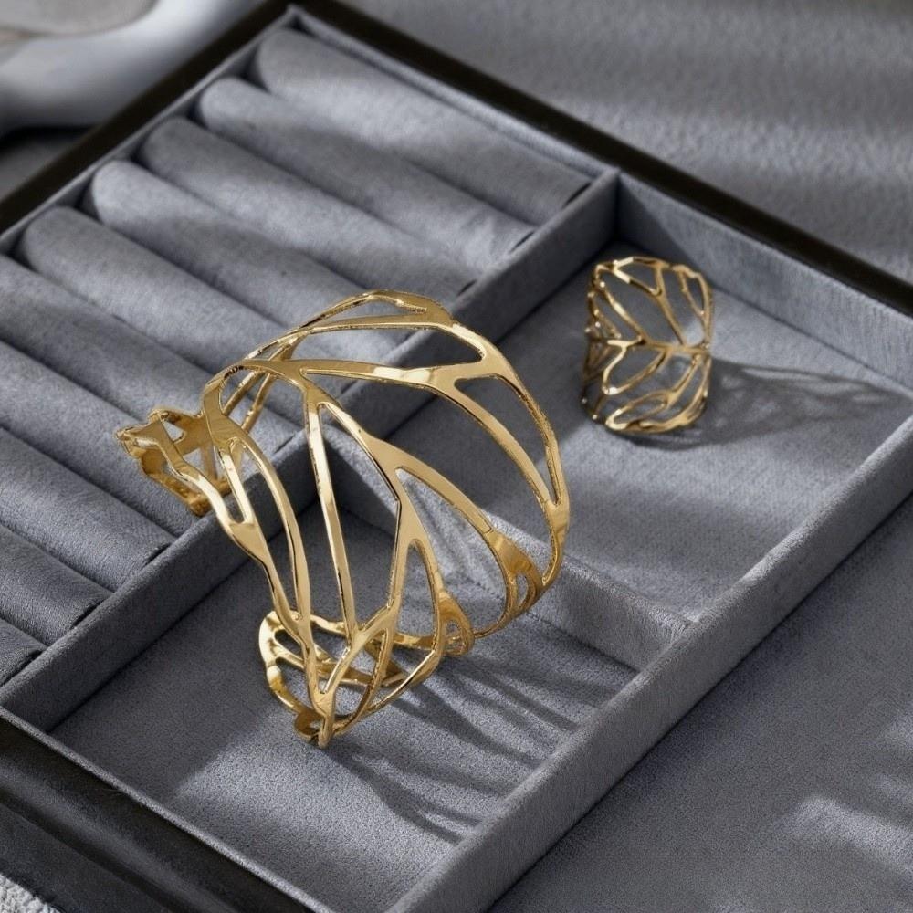 Stylish Hollow Leaf Bangle Elegant Retro Jewelry Set Trendy Open Bangle Ring Set  Women