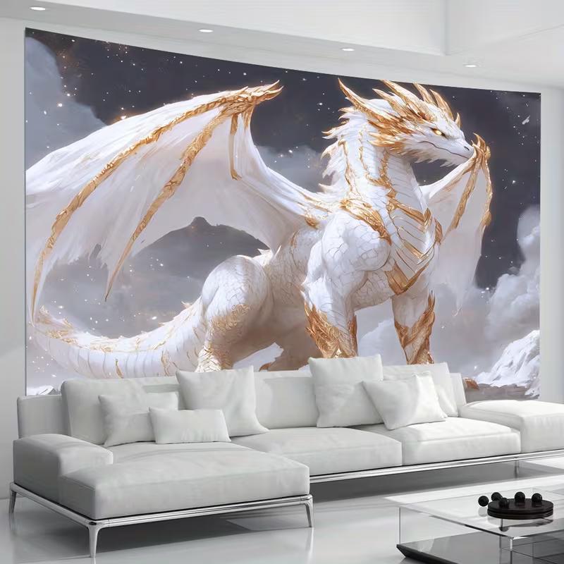 2D Sternenhimmel Weißer Drache Wandteppich Moderne Fantasy Wohnraum Hintergrundtuch