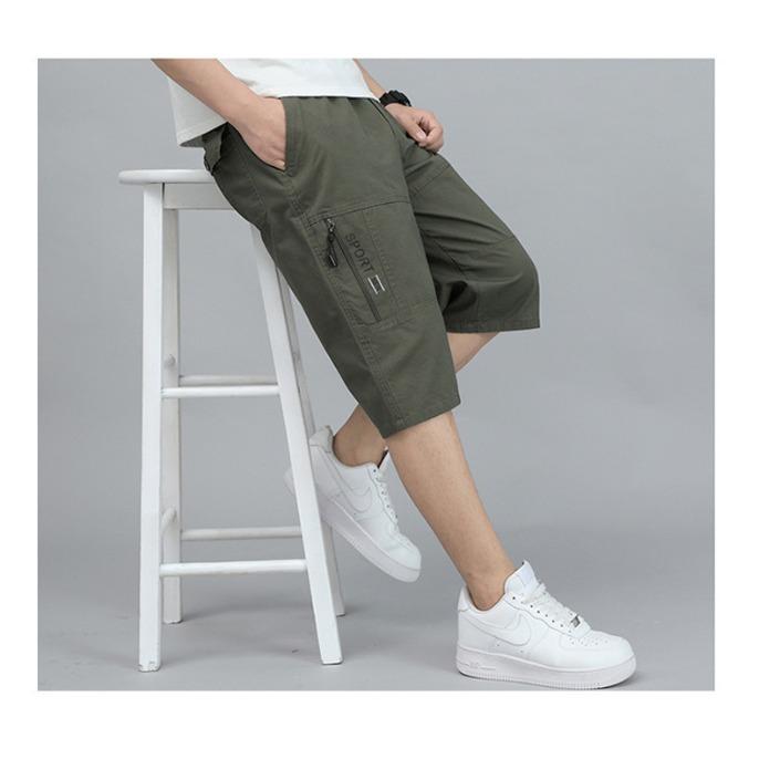 Sommer Herren Outdoor Casual Cargo Shorts Knielange Hosen Reißverschlusstasche Baumwollshorts Kletterjogger Elastische Taille Sportbekleidung