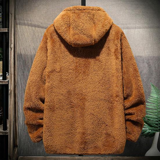 Men Winter Coat Plush Zipper Hooded Solid Color Soft Cold-proof Thicken Plus Size Autumn Coat for Outdoor