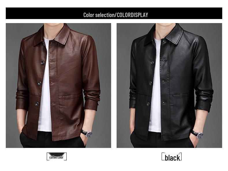 Men's Slim Fit Leather Jacket - New Korean Style, Trendy Parka with Casual Lapel for Middle-Aged Dads