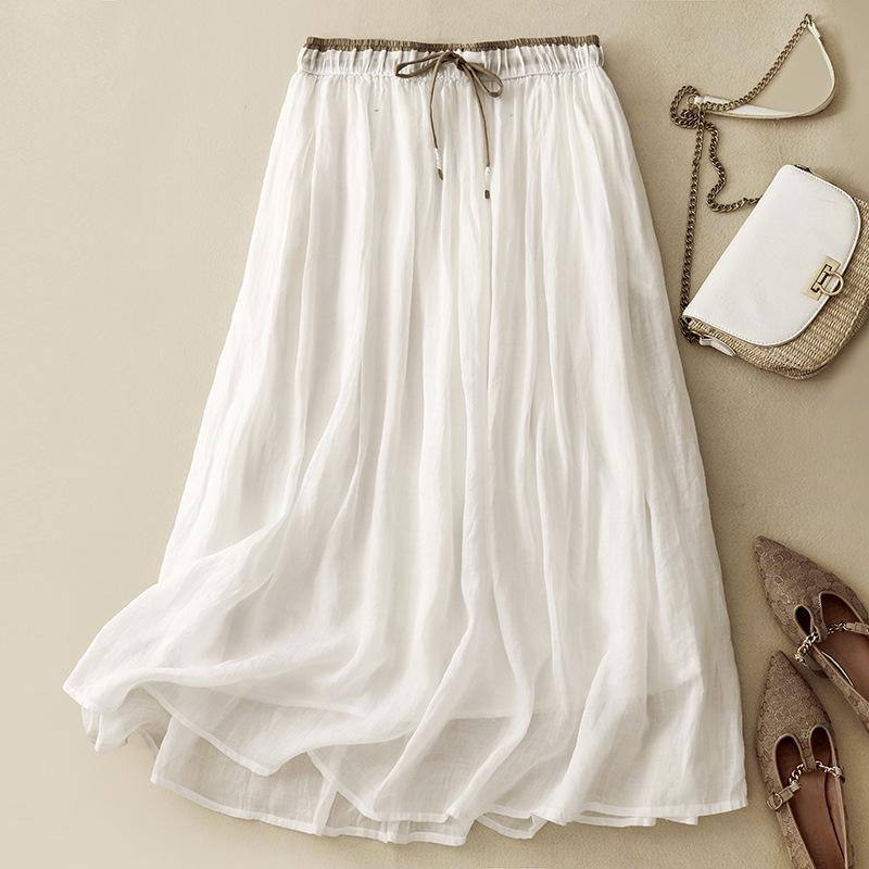 Skutečné léto nové bavlna a len literární volná ležérní splývavá středně dlouhá dvouvrstvá sukně s vysokým pasem