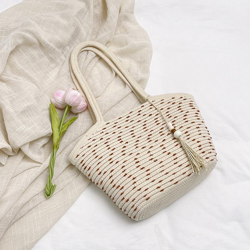 Woven cotton woven bag large capacity 2025 new summer versatile shoulder seaside vacation beach tote bag