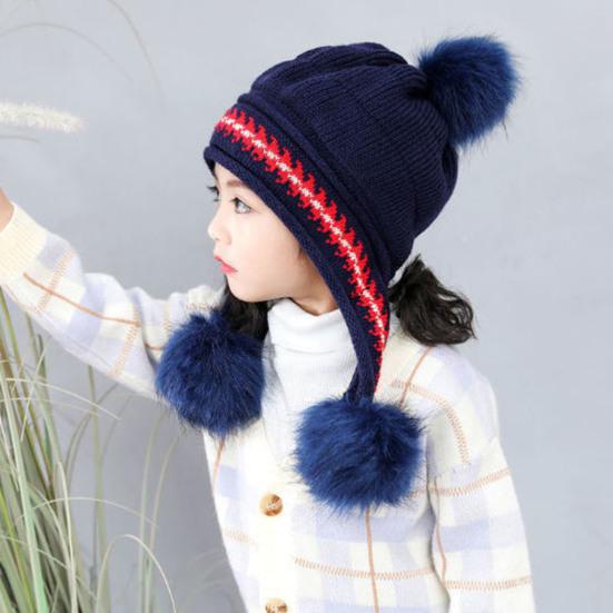 3-12 Years Autumn Winter Kids Beanie Hairball Solid Color Thickened Fleece Lined Jacquard Baby Girls Knitted Hat for Outdoor