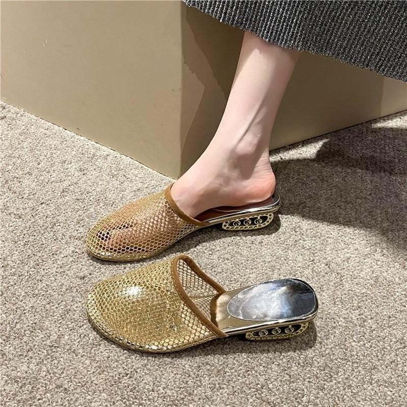 Fashion Mesh Slippers Fashion Round Toe Deep Mouth Breathable Non-slip Hollow Heel Wrapped Head Half Drag