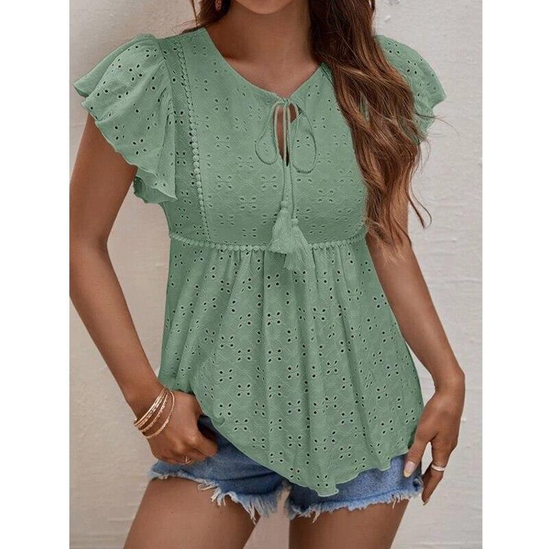 

Женская полая милая блузка на шнуровке, летняя футболка, жаккардовые топы с рукавами-бабочками, элегантные модные рубашки Lady Blusas 25344 S орион