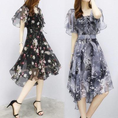 Women's Summer Short Sleeve Floral Dresses Niche Beautiful Elegant A-Line Dresses