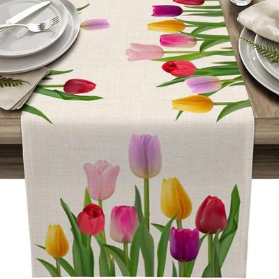 Tulip Table Runner Spring Summer Floral Linen Tablecloth Blooming Flowers Table Protector for Dining
