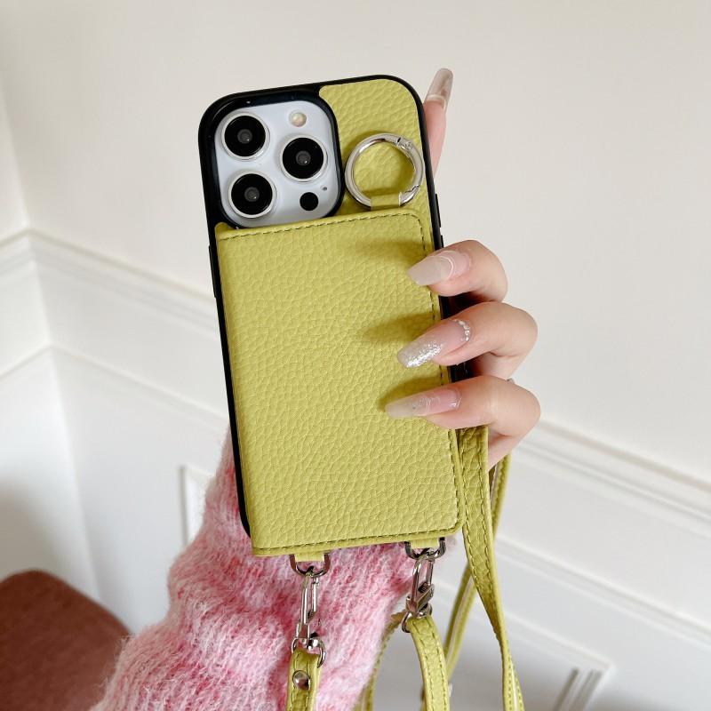 Card Holder Phone Case IPhone 16/17 ProMax Litchi Texture Full Body With Strap