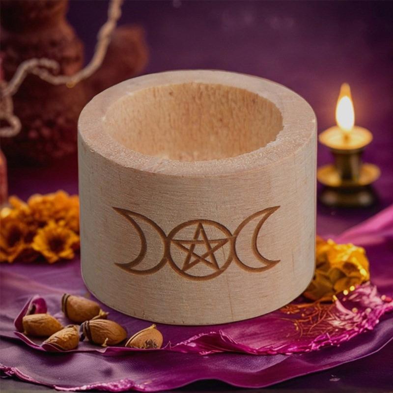 Wood Candlestick Pentacle Carved Tealight Holder Desk Decoration for Tarot Card Reader