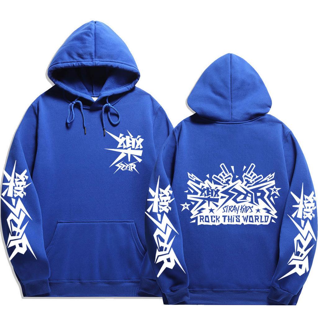 Stray Kids ROCK‑STAR Rock This World Pullover Hoodie White Punk Logo Front Sleeves Back Double Rock Hands Graphic Oversized Unisex K‑Pop Streetwear