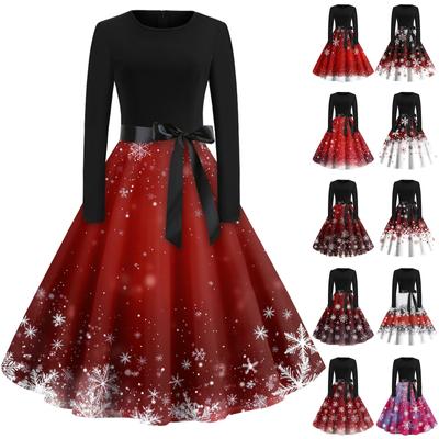 Women's Vintage Classic Dress Long Sleeve Christmas Print Round Neck Swing Dress