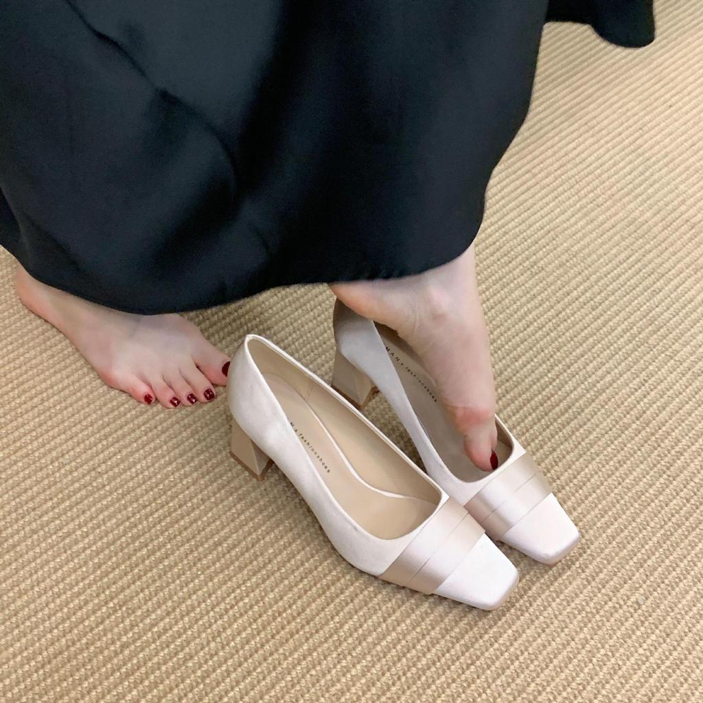 French satin square head thick heel high heels women's 2025 new champagne bridesmaid shoes fairy style temperament