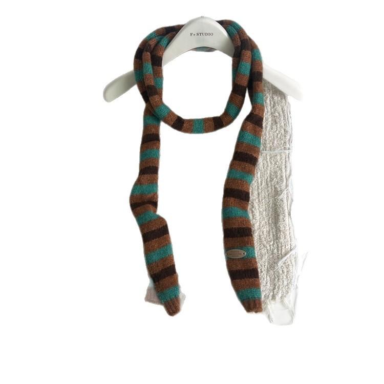 Early Autumn And Winter, Dongdaemun, South Korea, Striped Thin And Narrow Long Small Scarf, Women'S Fashionable Millennial Style Sausage Knitted Scarf