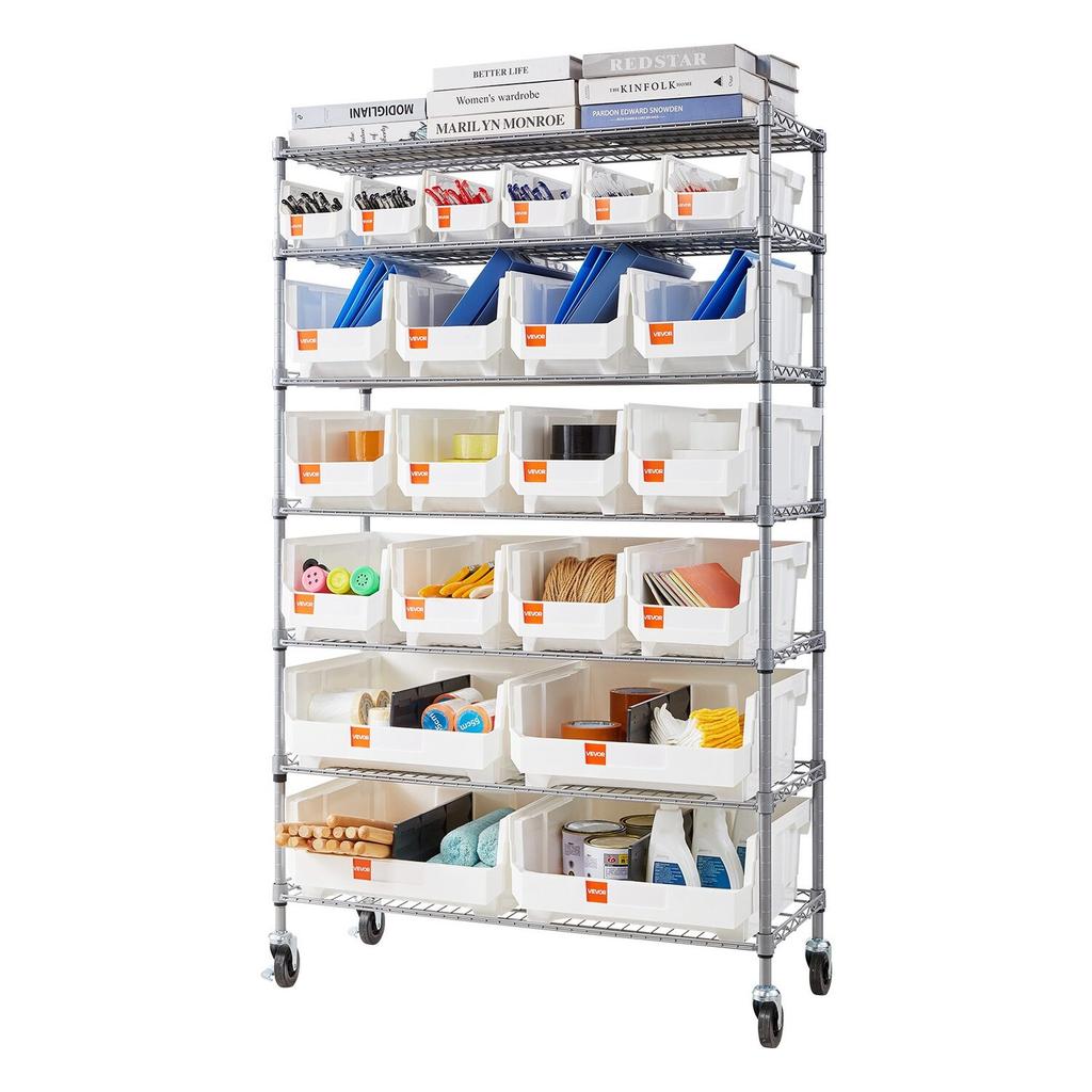 7-Tier Rolling Bin Storage Rack, 22 Organizer Bins, Bin Rack Storage Steel Wire Shelving System with Wheels, Mobile Tool Organizer for Garage,
