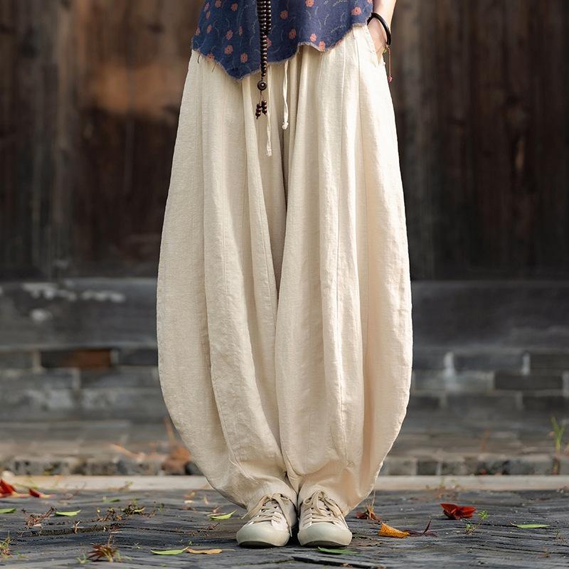 Spring Cotton and Linen Women's Literature and Art Retro Loose Sand Wash Stitching Pumpkin Pants Women's Niche Zen Meditation Bloomers