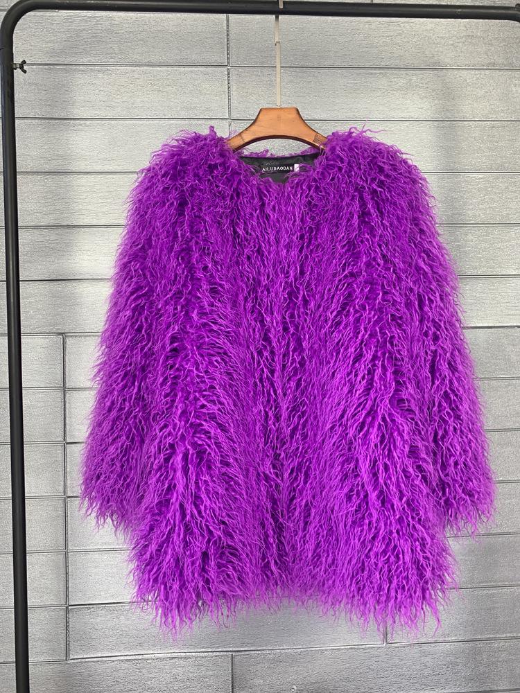 Korean Style Women's Tan Faux Lamb Wool Mid-Length Coat