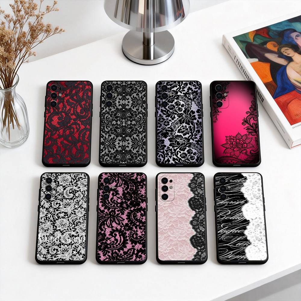 Beautful Black L-lace Print Phone Case For Samsung S25,S24,S21,S22,S23,S30,Ultra,S20,Plus,Fe,Lite,Note,10,Black Cover