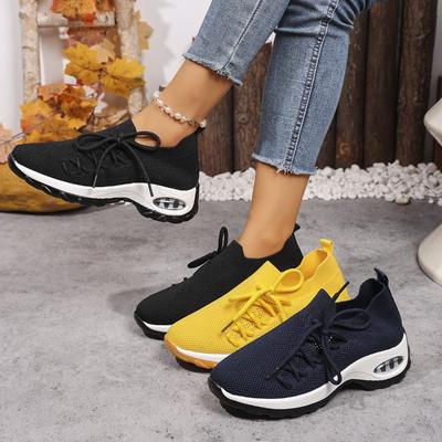 Tênis Meia Flyknit de Largura Larga Feminino - Tênis de Corrida Slip-On com Solado Curvo, Sapatos Esportivos Casuais Confortáveis