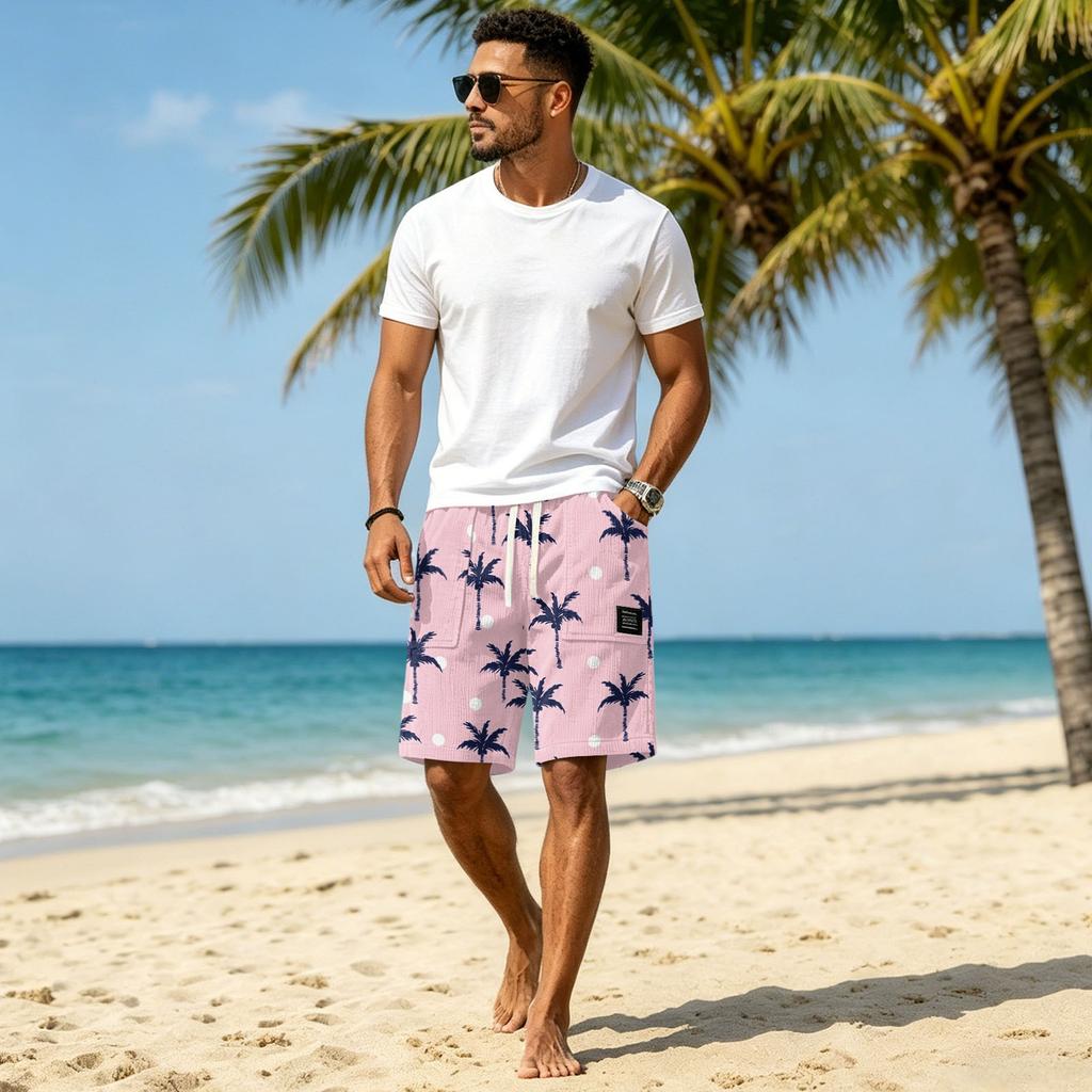 Men's Casual Corduroy Drawstring Shorts Tropical Leaf Print Lightweight Summer Beachwear Relaxed Fit Mid-Length Bottoms