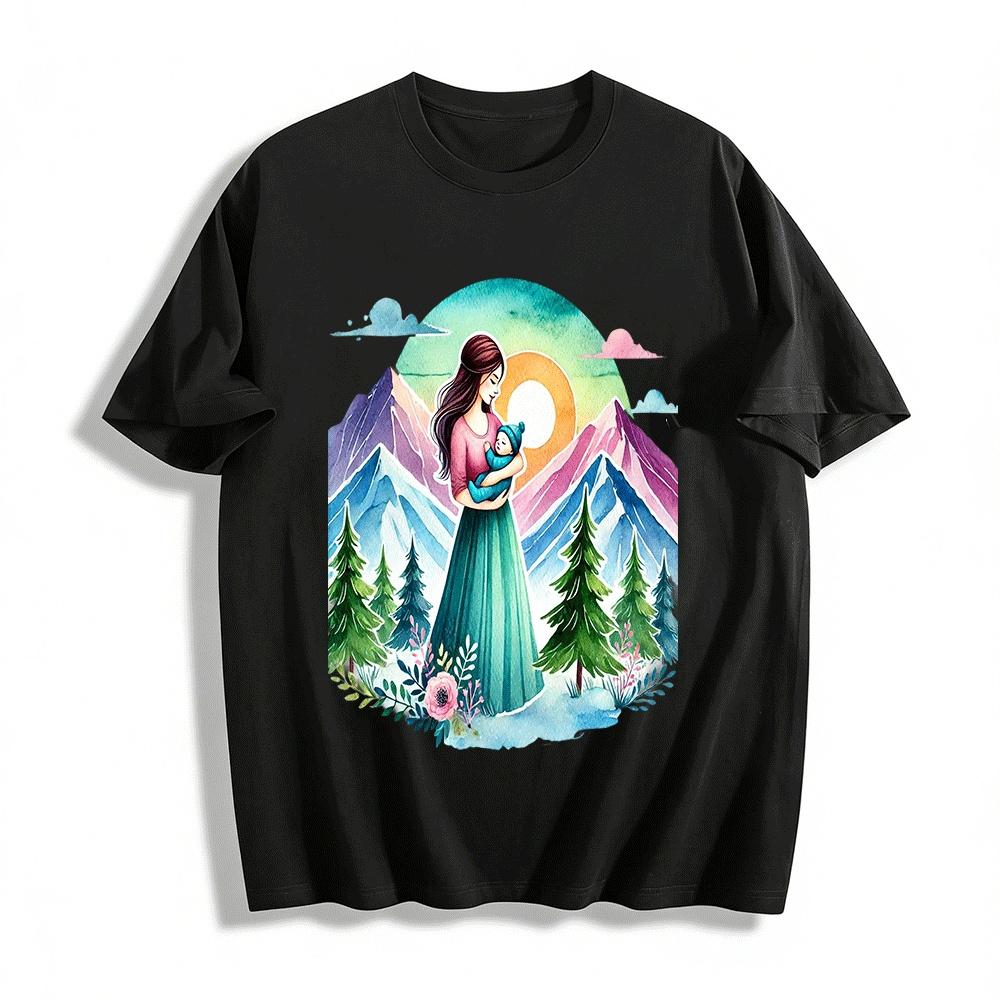 

Warm Mother And Baby Print Top With Mountain Landscape For Casual Wear Pure cotton T-shirt XXS