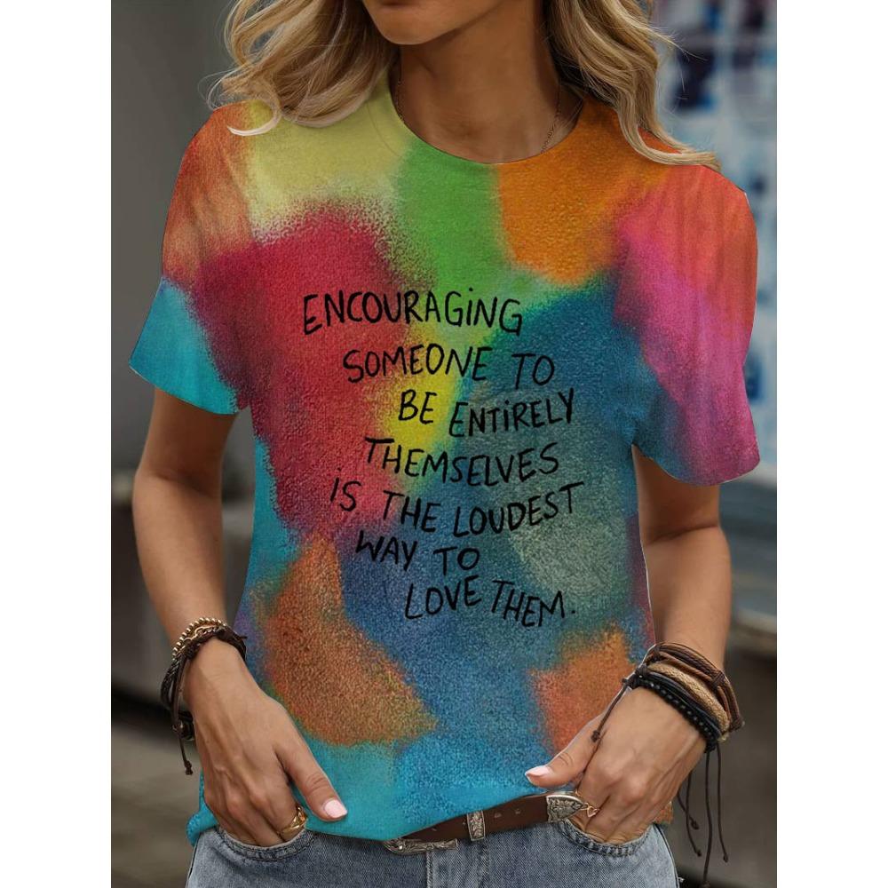 Multicolor floral printed T-shirt, casual street style, high-end top women's clothing, short-sleeve T-shirt for 2025.