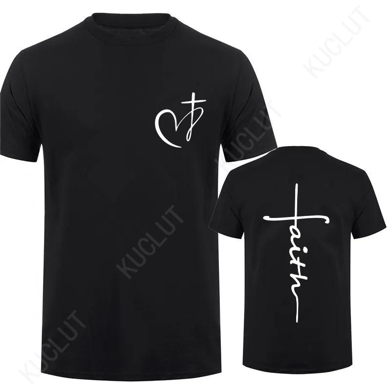 Heart Cross Print Christian T-shirt for Men Clothes Jesus Faith Male T-shirts Summer Plus Size Tee Shirt Oversized Clothing Tops