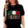 Mexico Roses Flag Colors Pattern T-Shirt for Women Men Cotton Clothing