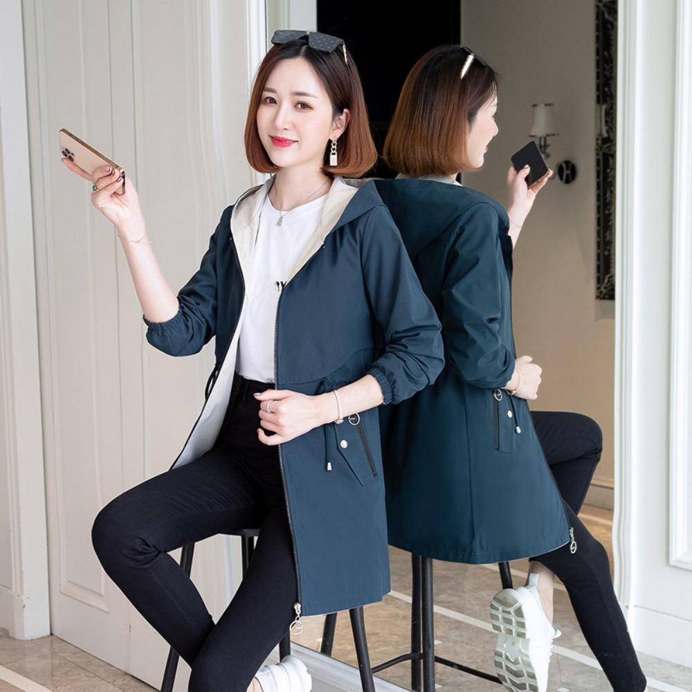 

Модный двусторонний тренч женский средней длины весенне-осенний женские пальто топы куртка с капюшоном женский топ XS синий