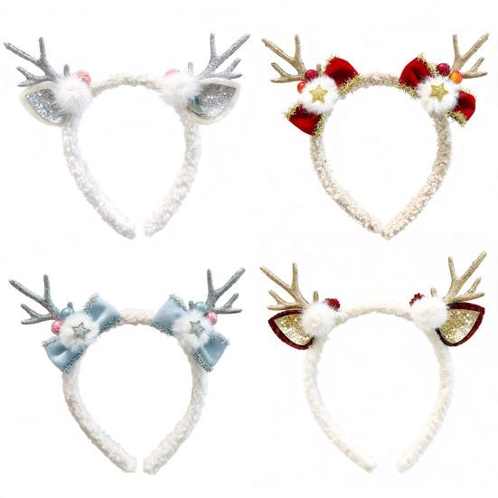Christmas Headband for Women Fleece Reindeer Antlers Headband with Bow Pompoms for Xmas Party Supplies Halloween Cosplay Accessory