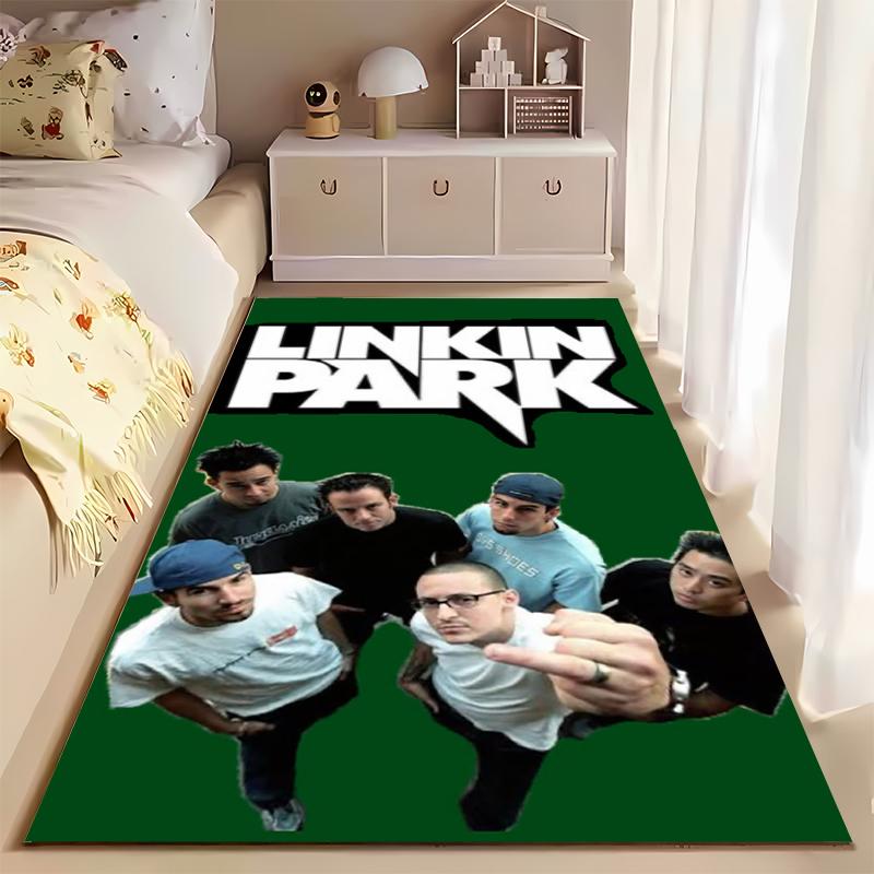 Rock Music Area Rug, Linkin Park Green Background Band Group Photo Logo Print, Music Fan Room Decor, Non-Slip Mat